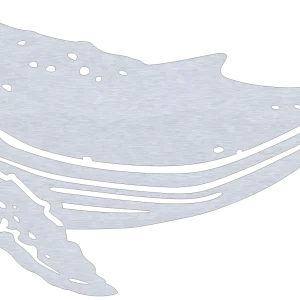 Metal wall art featuring a detailed silhouette of a humpback whale crafted from aluminum, showcasing its tail and fins in a majestic pose.